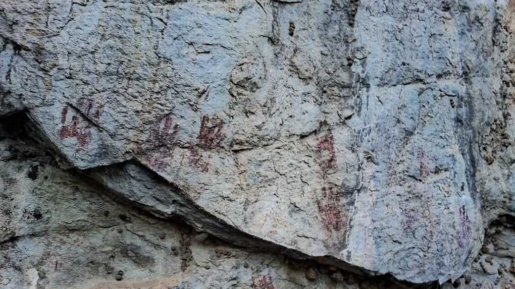 Uma parede rochosa acinzentada e com fissuras naturais exibe diversas pinturas rupestres que lembram carimbos de mãos humanas em pigmento avermelhado. Os registros estão distribuídos por várias partes da pedra, com maior concentração de silhuetas de mãos em uma área plana à esquerda. Pequenos ninhos de terra circulares aparecem incrustados na rocha, criando um contraste de textura com as marcas ancestrais.