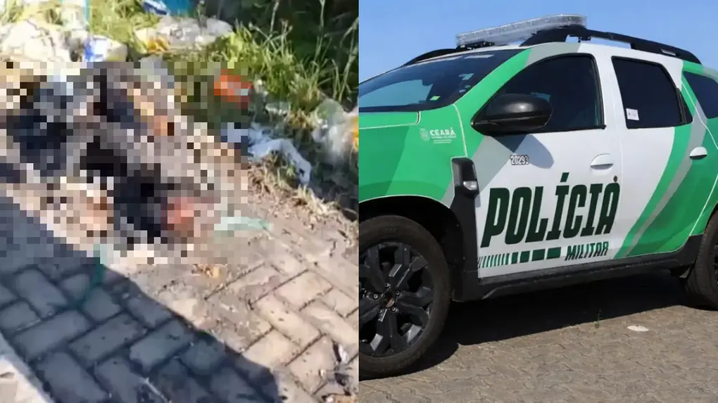 O cadáver apresenta partes completamente carbonizadas e escurecidas.