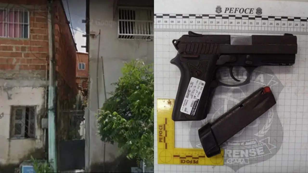 Montagem duas fotos. Na primeira, imagem do Beco do Doze, no bairro Vicente Pinzon, em Fortaleza, onde adolescente foi morta por traficante. A segunda é a arma do crime apreendida.