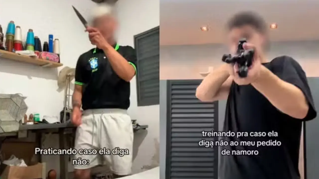 Vídeos da trend 'treinando caso ela diga não' mostram criadores simulando reações agressivas diante da rejeição em pedidos de relacionamento.