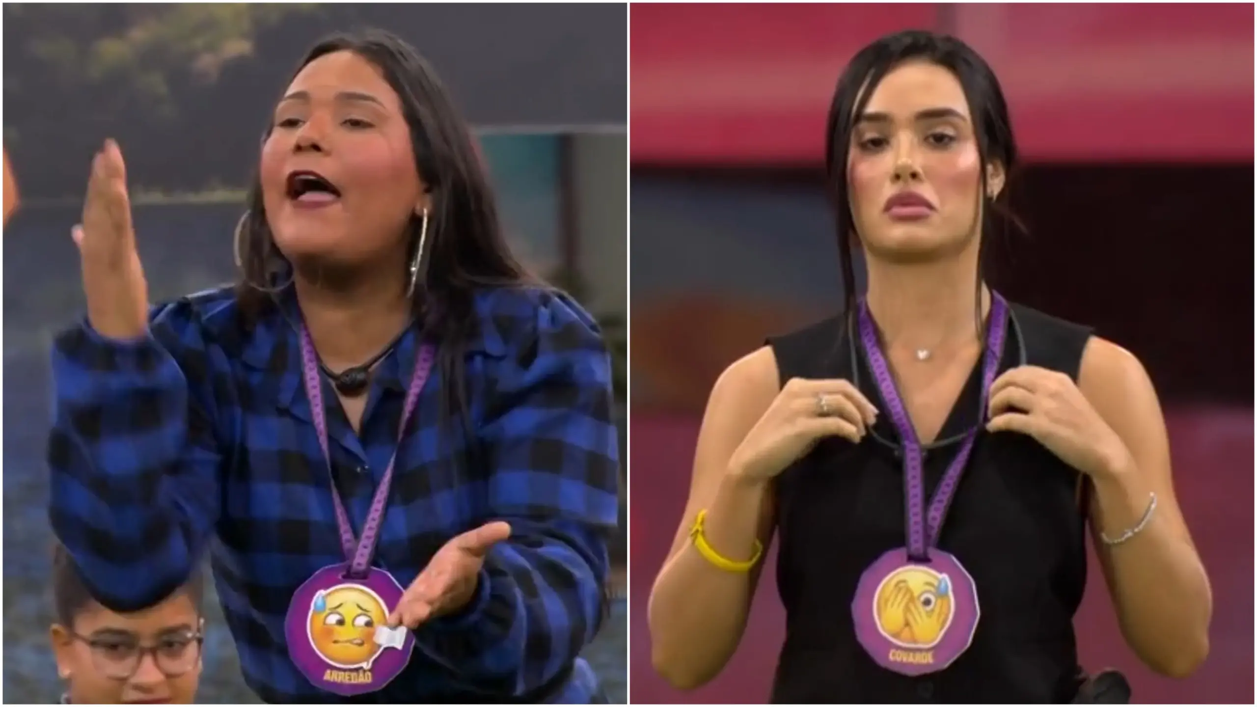 Chaiany, vestindo uma camisa xadrez azul e preta, gesticula enfaticamente com as mãos enquanto discute durante uma dinâmica de programa de TV. Ao lado, em uma montagem de tela dividida, Jordana observa com uma expressão séria e estática, usando um colete preto e segurando um colar com uma placa de emoji.