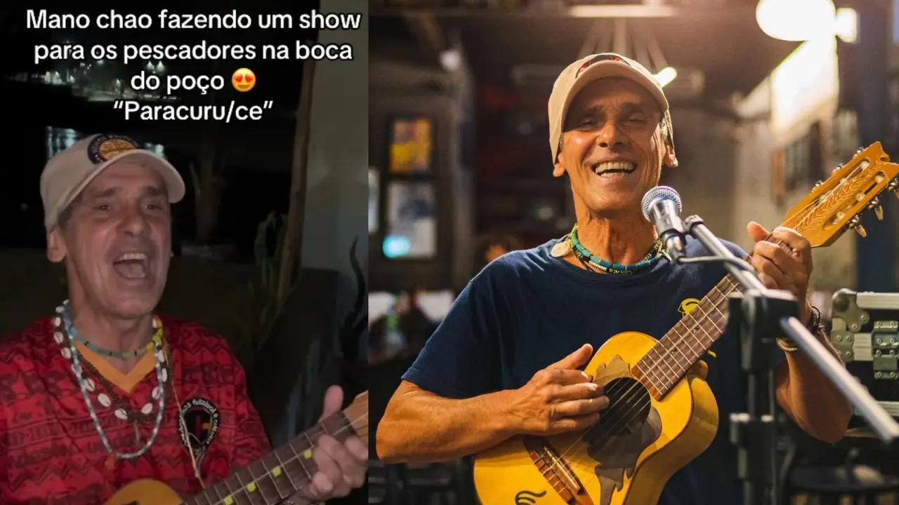 A imagem apresenta uma montagem com duas fotos do cantor Manu Chao tocando violão e sorrindo, destacando a relação com o Ceará. Na esquerda, um registro amador traz o texto 'Mano chao fazendo um show para os pescadores na boca do poço 'Paracuru/ce', enquanto na direita uma foto profissional destaca o artista com boné e colares.
