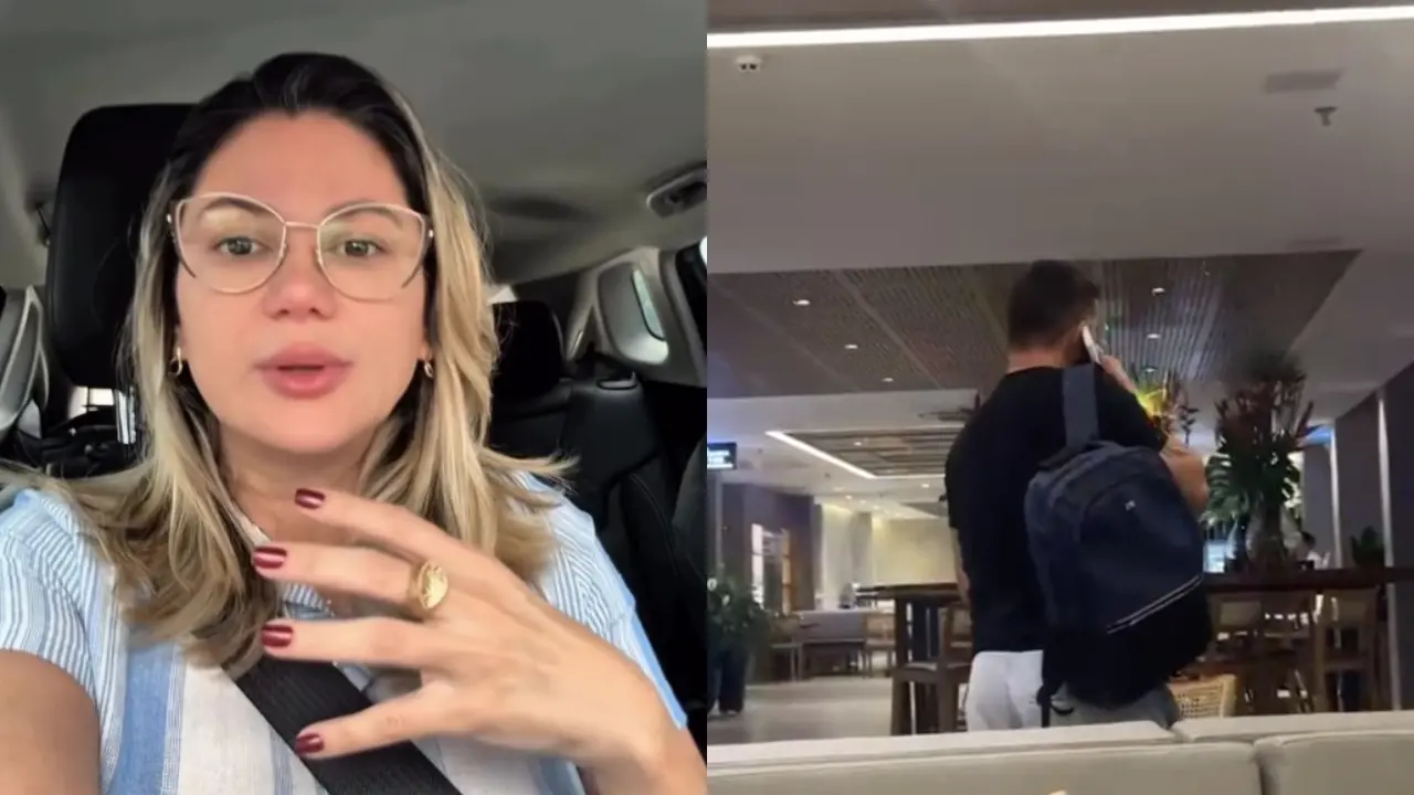 Montagem de duas fotos. Na primeira, uma dermatologista loira e de óculos gesticula dentro de um carro. Na segunda, um homem aparece de costas falando no celular. Esse homem foi denunciado pela dermatologista por importunação sexual em um hotel de Fortaleza.