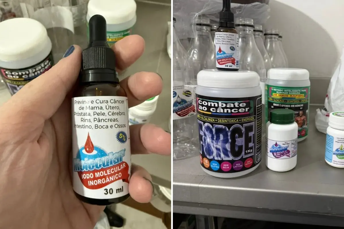 Imagem de produtos falsificados para matéria sobre homem preso por vender falsa cura para o câncer no Paraná.