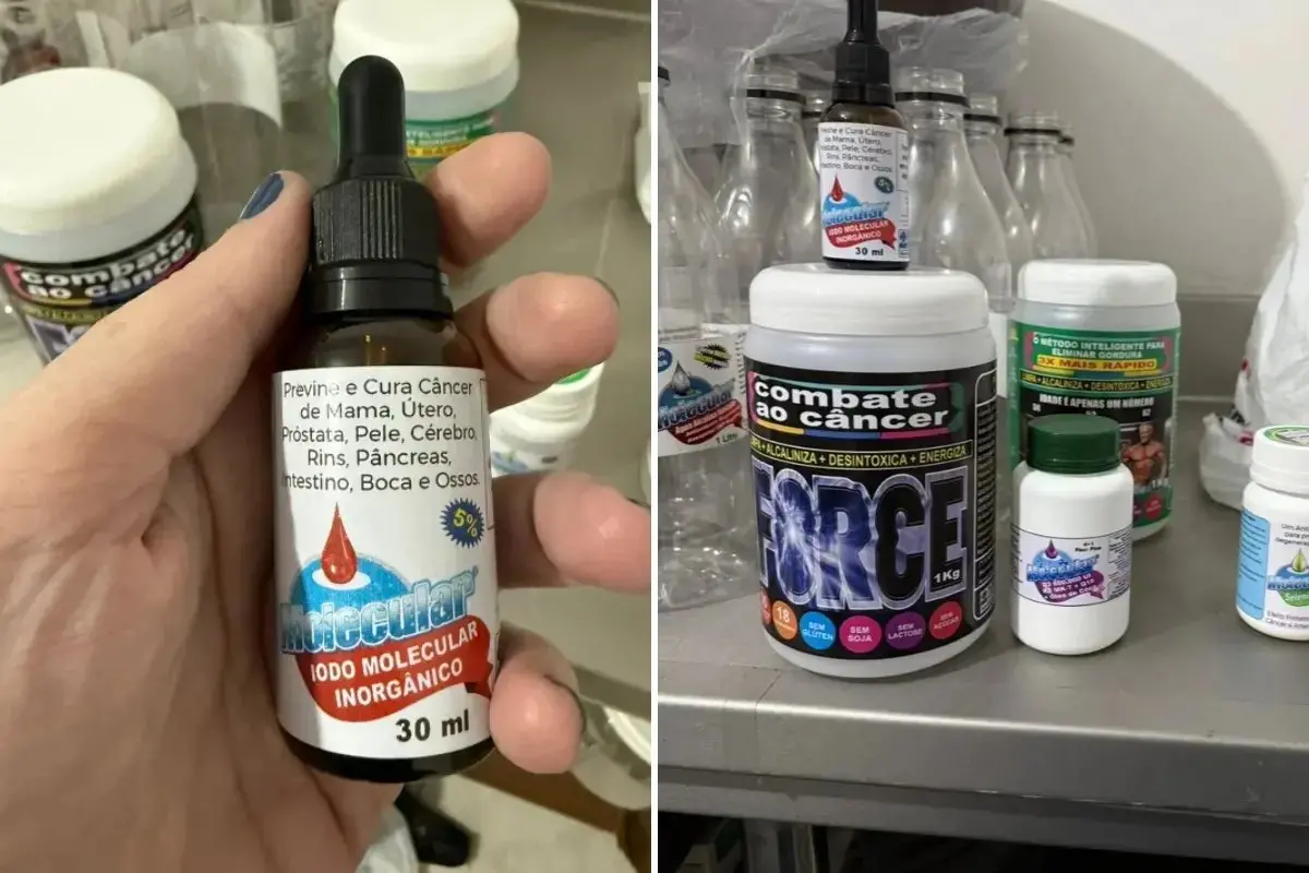 Imagem de produtos falsificados para matéria sobre homem preso suspeito de vender falsa cura para o câncer no Paraná.