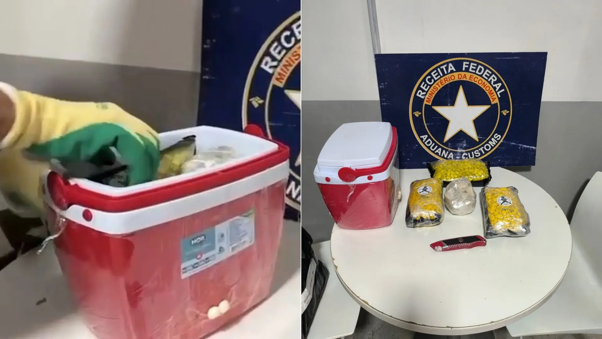 Colagem de imagens. A primeira mostra a caixa térmica sendo aberta por um agente da Receita Federal. A outra mostra o material apreendido sobre uma mesa. Ao fundo, o brasão da Receita Federal.