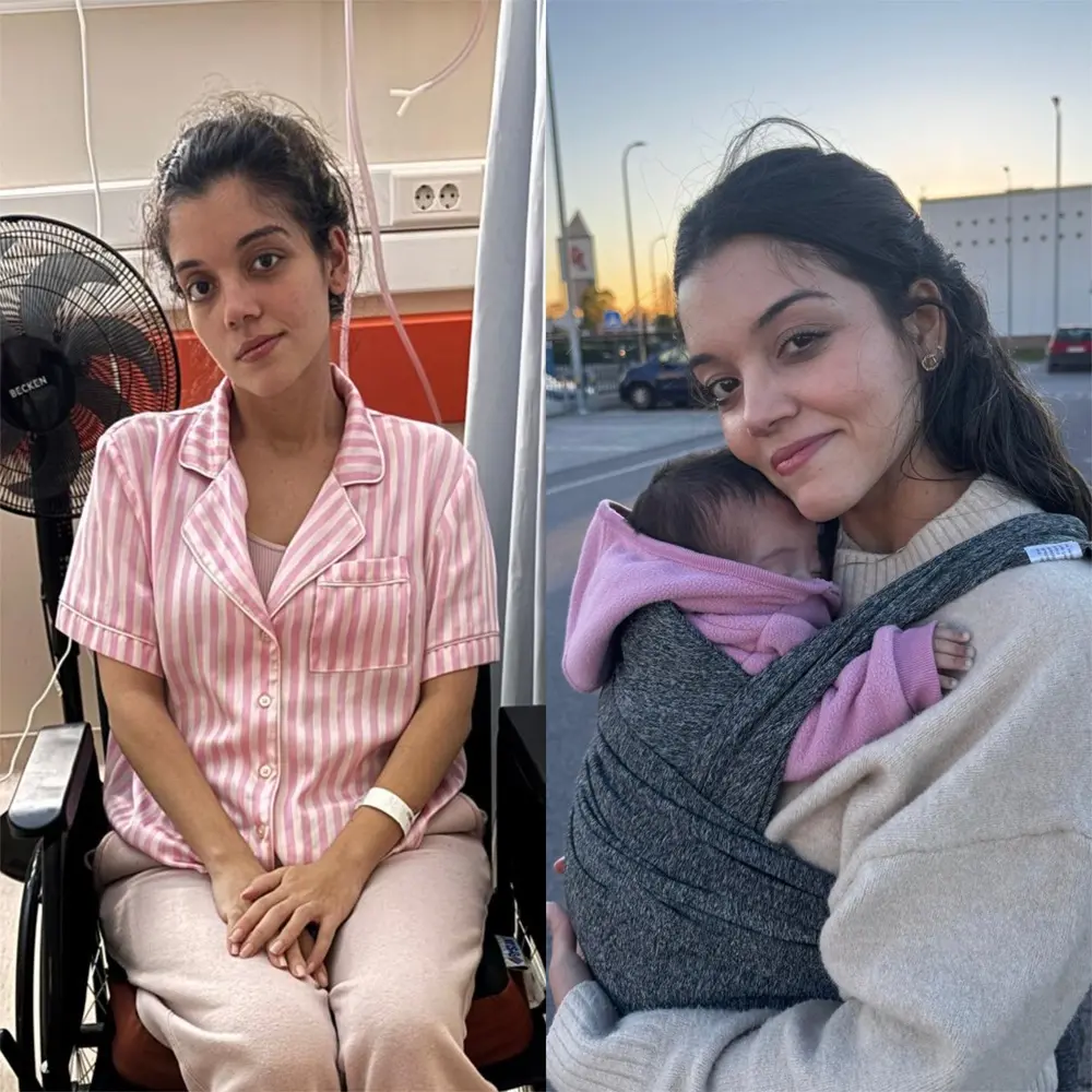 Na imagem, no lado esquerdo, a mulher aparece sentada em uma cadeira de rodas dentro de um ambiente hospitalar. Ela veste um pijama listrado de rosa e branco e usa uma pulseira de identificação médica no pulso. Sua expressão é serena, mas transparece o cansaço do processo de recuperação. Ao fundo, vê-se um ventilador preto e equipamentos hospitalares. No lado direito, a mesma mulher aparece em um ambiente externo, ao ar livre, durante o pôr do sol. Ela está de pé, sorrindo suavemente para a câmera, carregando um bebê recém-nascido em um sling cinza (carregador de pano). O bebê usa um casaco de plush rosa. A iluminação é quente e dourada, transmitindo uma sensação de esperança e novo começo.