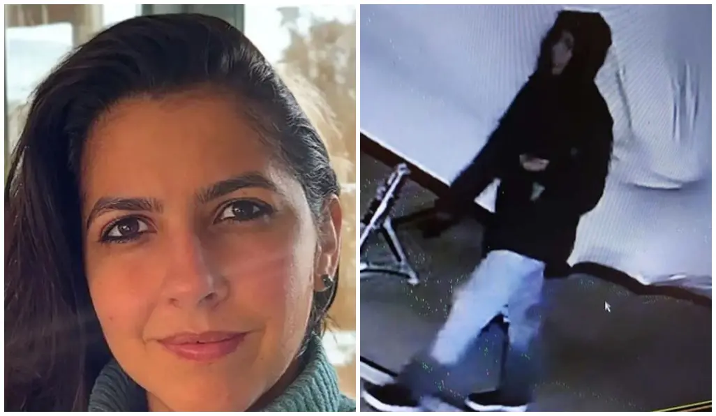 Montagem com duas fotos lado a lado. À esquerda, a parte superior da cabeça de uma pessoa com cabelo escuro preso para trás, em ambiente interno com luz natural ao fundo. À direita, imagem de câmera de segurança mostrando uma pessoa de pé ou caminhando, vestindo um casaco escuro com capuz e calça clara, em um espaço interno com piso liso e alguns objetos metálicos ao fundo.