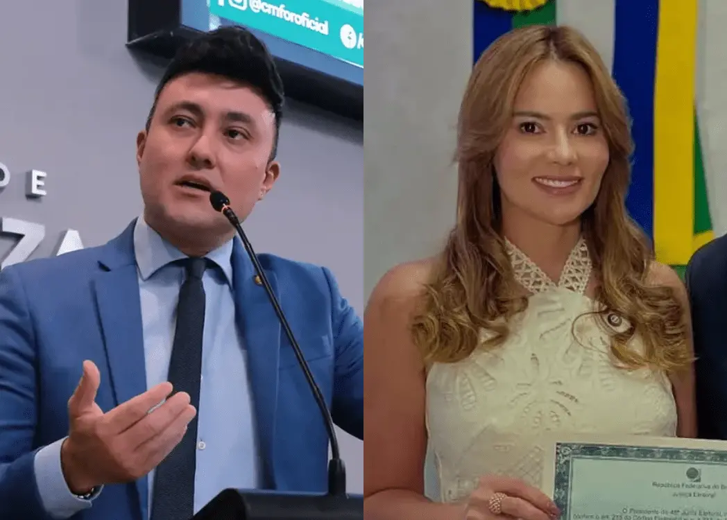 Montagem com duas fotos lado a lado. À esquerda, um homem de terno azul fala em um microfone em um púlpito, gesticulando com a mão durante um discurso. À direita, uma mulher de vestido claro sorri enquanto segura um certificado, com bandeiras ao fundo. São Michel Lins e Giordanna Mano.
