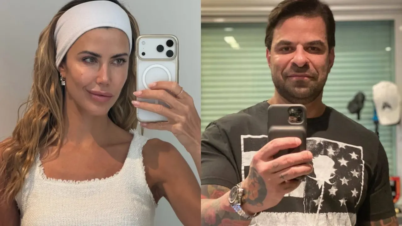 Montagem de duas selfies individuais, lado a lado, mostrando a influenciadora Martha Graeff à esquerda e o empresário Fabiano Zettel à direita. Martha usa uma blusa branca texturizada e uma faixa clara no cabelo, enquanto Fabiano veste uma camiseta preta com estampa de bandeira e exibe o braço tatuado.