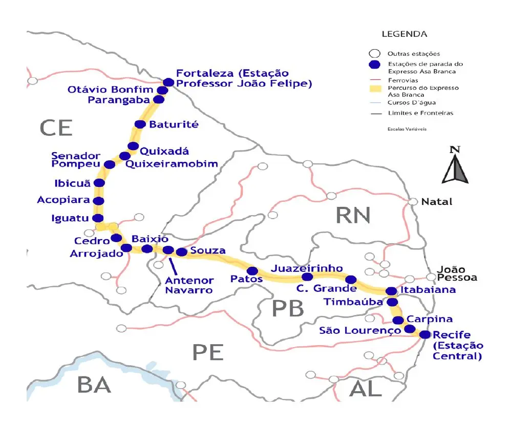 Mapa mostra trajeto de antiga rodovia de passageiros, de Fortaleza para Recife, passando por cidades do inteiror dos dois estados e da Paraíba;