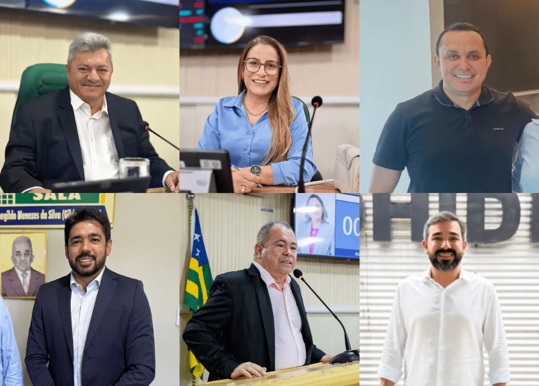 Políticos da cidade alvo de mandados, da esquerda para a direita e de cima para baixo: Hilmar Sérgio, Gleide Rabelo, Régis Rumão, Júnior do Dedé, Cláudio Maroca e Marco Bica.