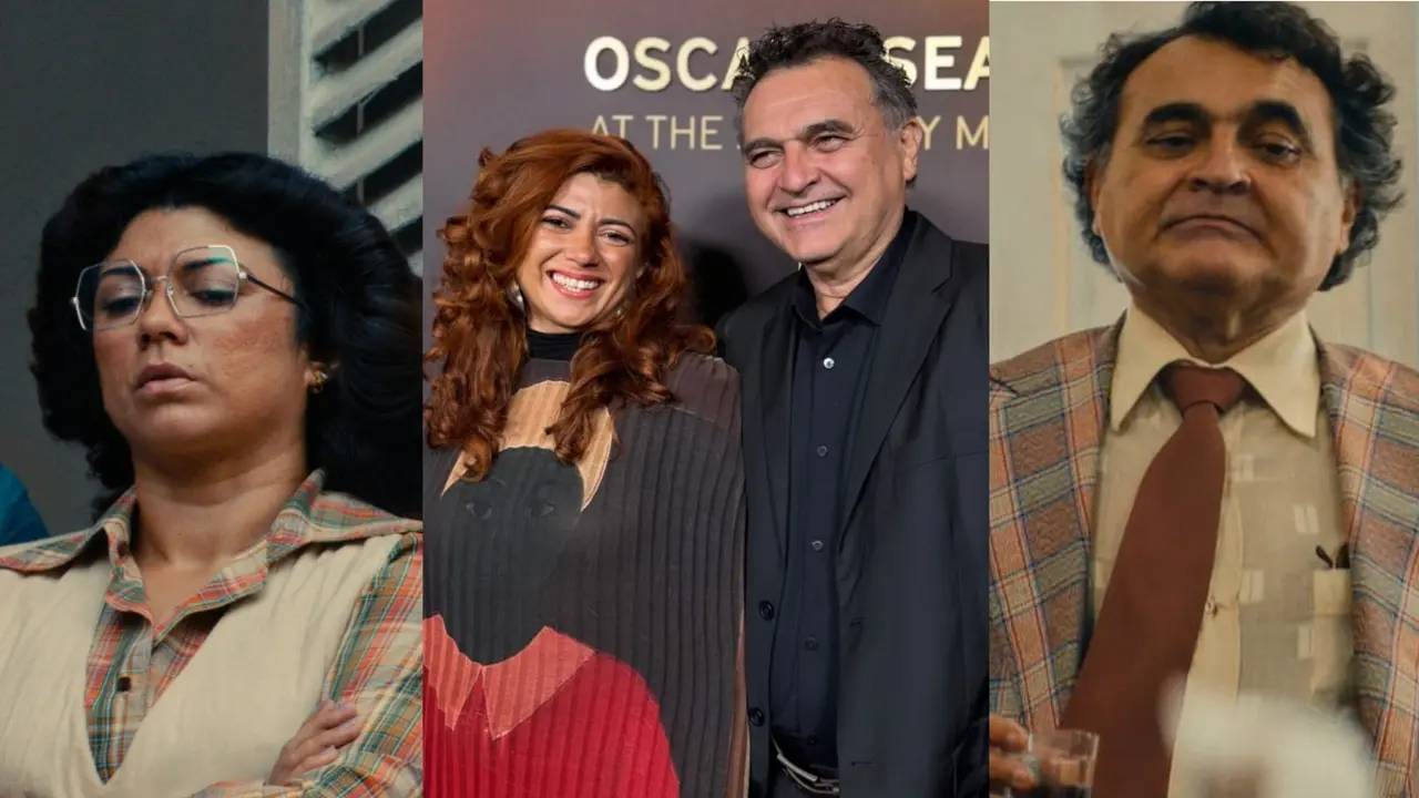 Três imagens verticais lado a lado destacam os atores Geane Albuquerque e Robério Diógenes em cenas e eventos do filme 'O Agente Secreto'. No centro, ambos sorriem em um tapete vermelho, ladeados por fotos de seus personagens caracterizados com figurinos de época em tons de bege e marrom.