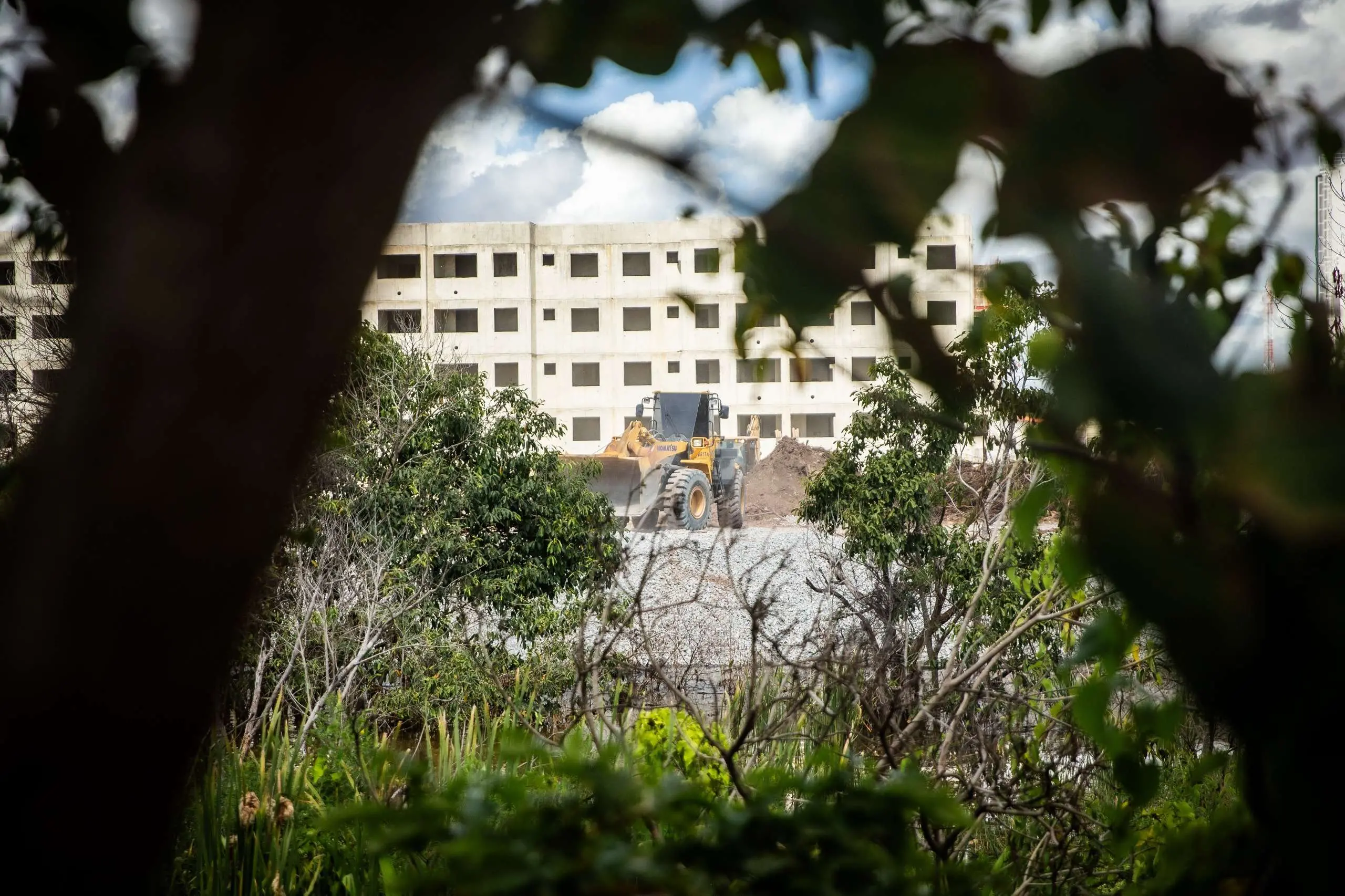 Uma pá carregadeira amarela em um canteiro de obras, com um grande edifício inacabado ao fundo e folhagem em primeiro plano.