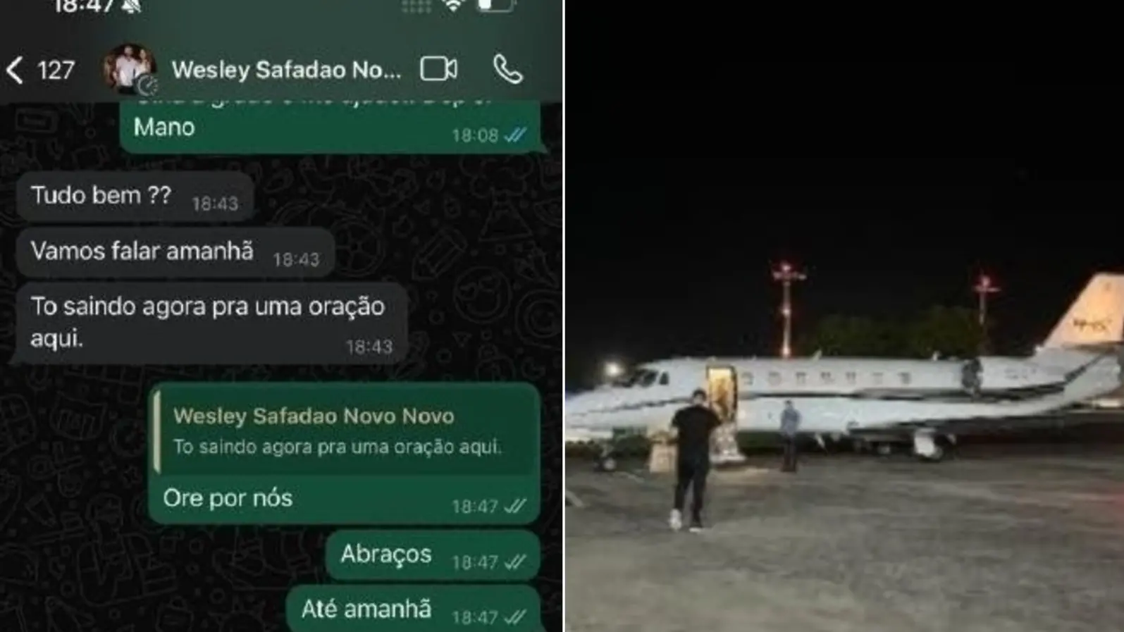 Montagem de fotos mostra print de conversa entre Júnior Mano e Safadão e o deputado indo para o avião do artista.
