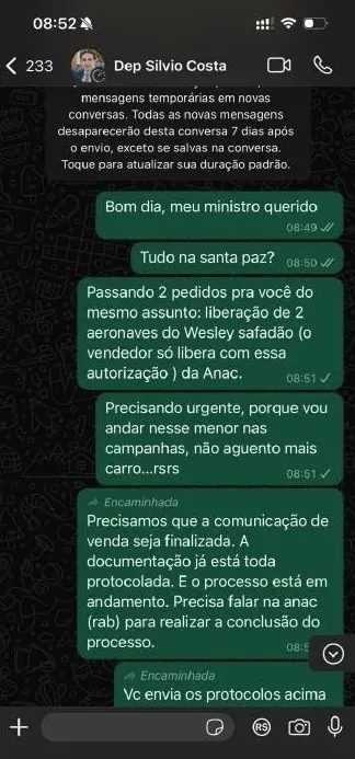 Print de diálogo entre Júnior Mano e o ministro de Portos.