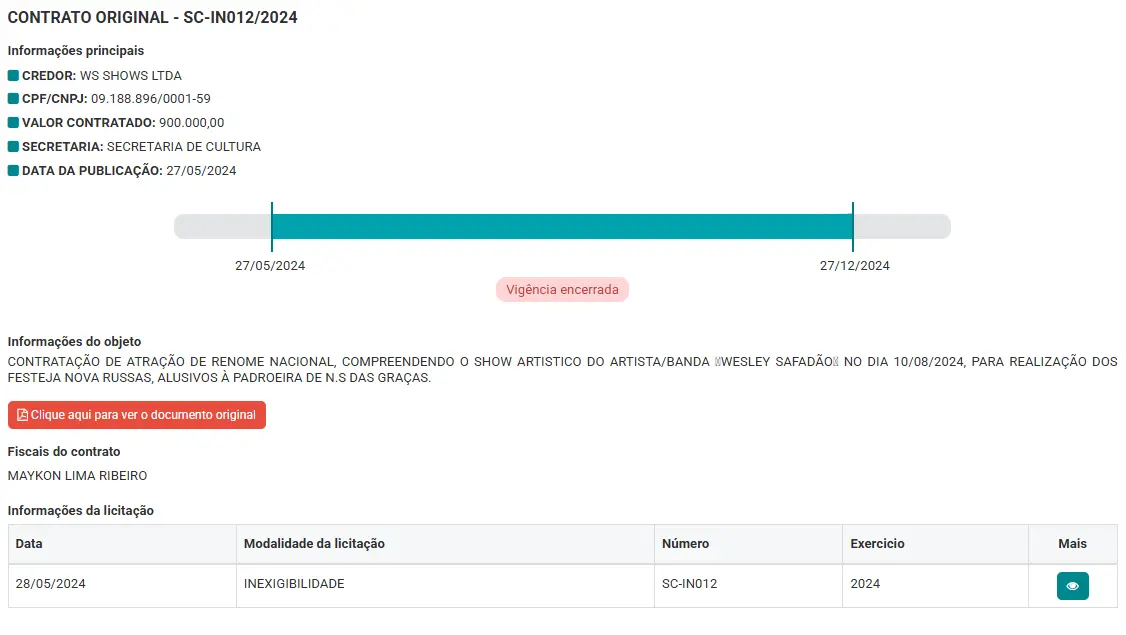 Print de um dos contratos de Wesley Safadão com a Prefeitura de Nova Russas.