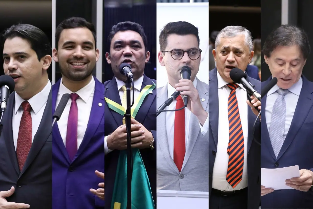 Fotomontagem com os deputados cearenses Júnior Mano, Matheus Noronha, Yury do Paredão, José Guimarães e Eunício Oliveira. O ex-deputado Genecias Noronha também aparece.