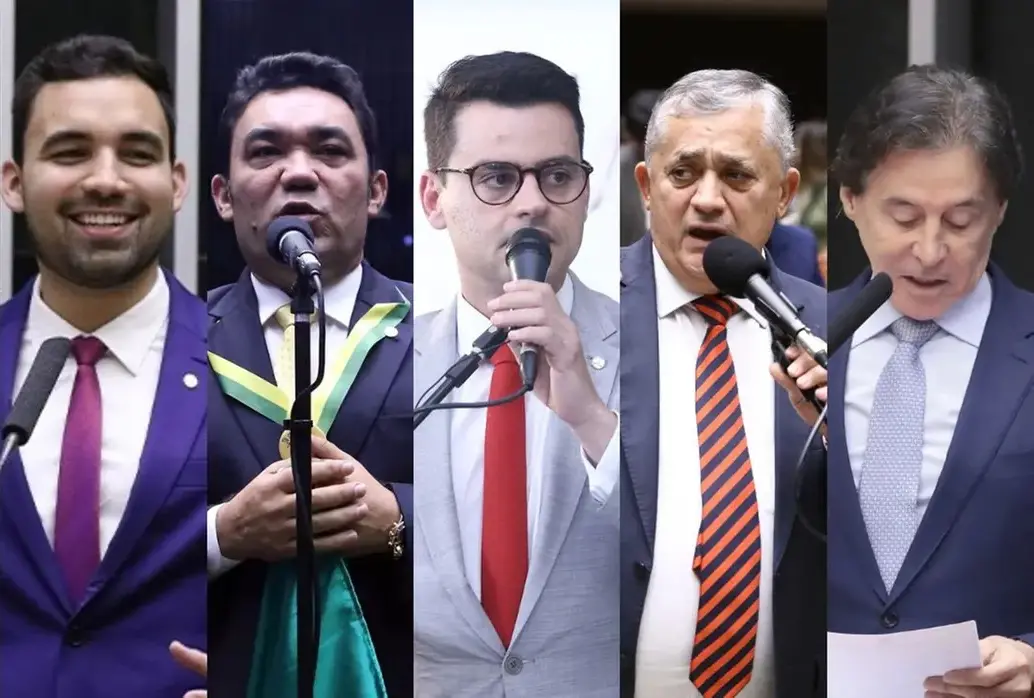 Fotomontagem com os deputados cearenses Júnior Mano, Matheus Noronha, Yury do Paredão, José Guimarães e Eunício Oliveira. O ex-deputado Genecias Noronha também aparece.