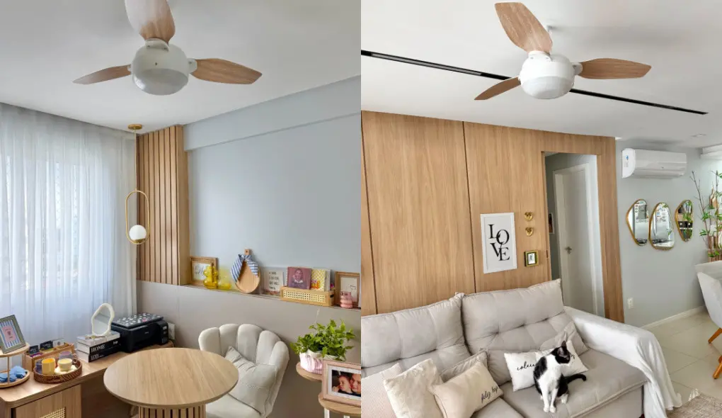 Imagem de uma sala e de um escritório com ventilador de teto