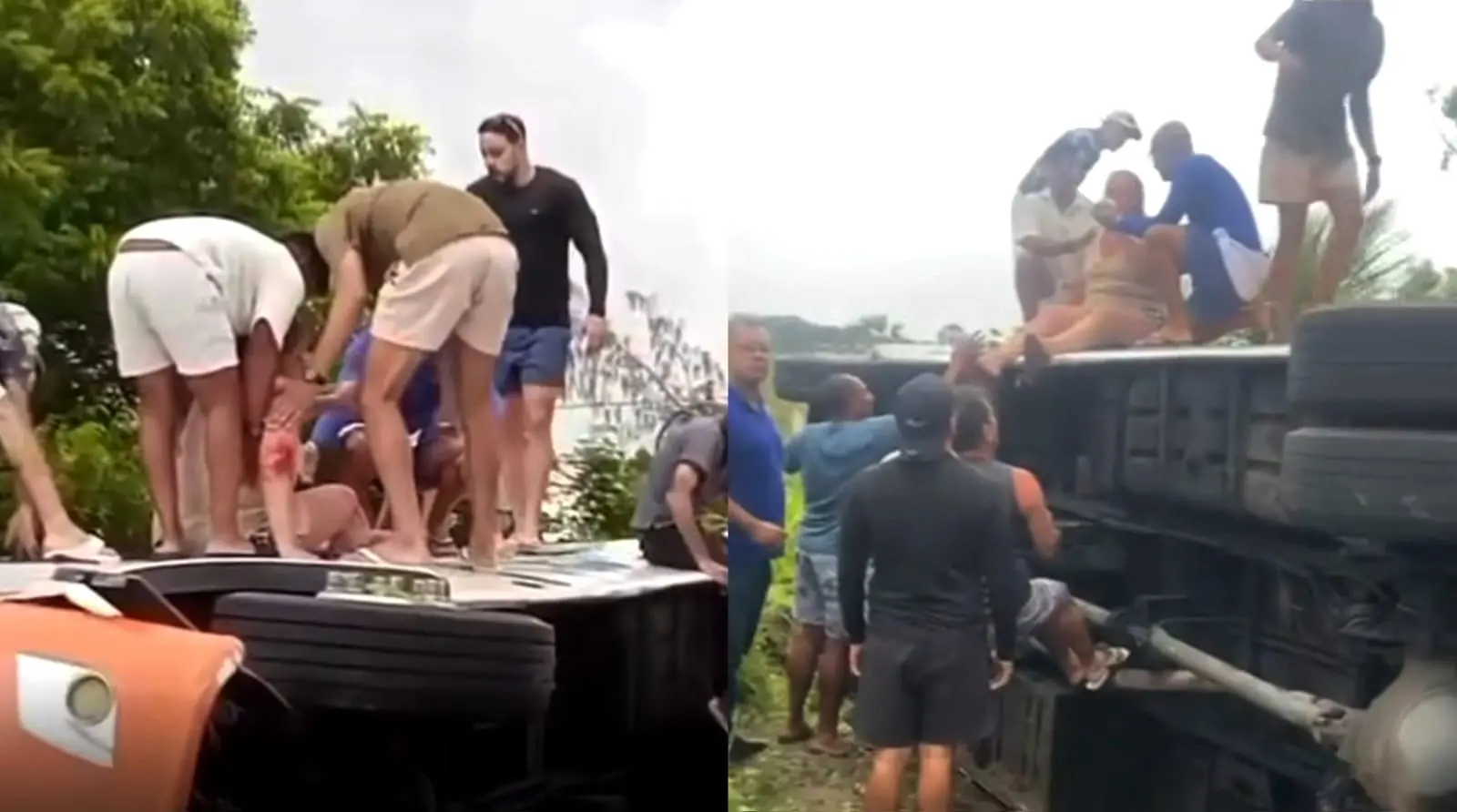 Passageiros deixaram ônibus com ajuda de populares pelas janelas do veículo.