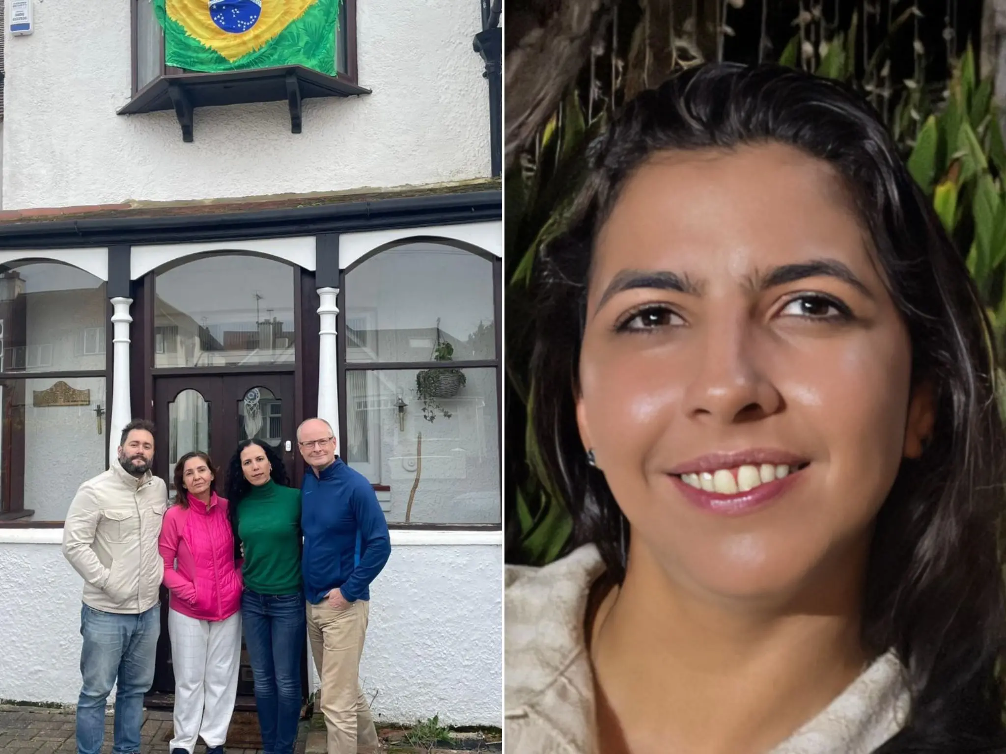 Foto mostra familiares de Vitória Barreto em frente à casa com bandeira do Brasil para reforçar buscas.