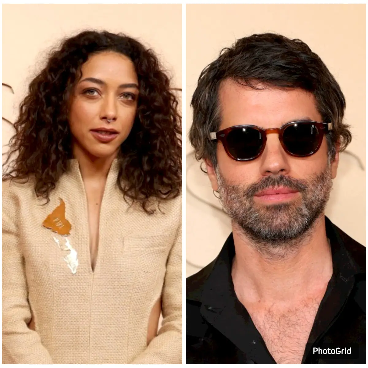 Montagem com duas fotos lado a lado em um fundo claro. À esquerda, uma pessoa usa um traje estruturado em tom bege, com textura semelhante a tecido rústico, detalhe metálico decorativo no peito e cabelo volumoso e encaracolado. À direita, outra pessoa veste uma camisa ou blazer preto com gola aberta, revelando parte do peito, e tem cabelo curto e levemente ondulado.