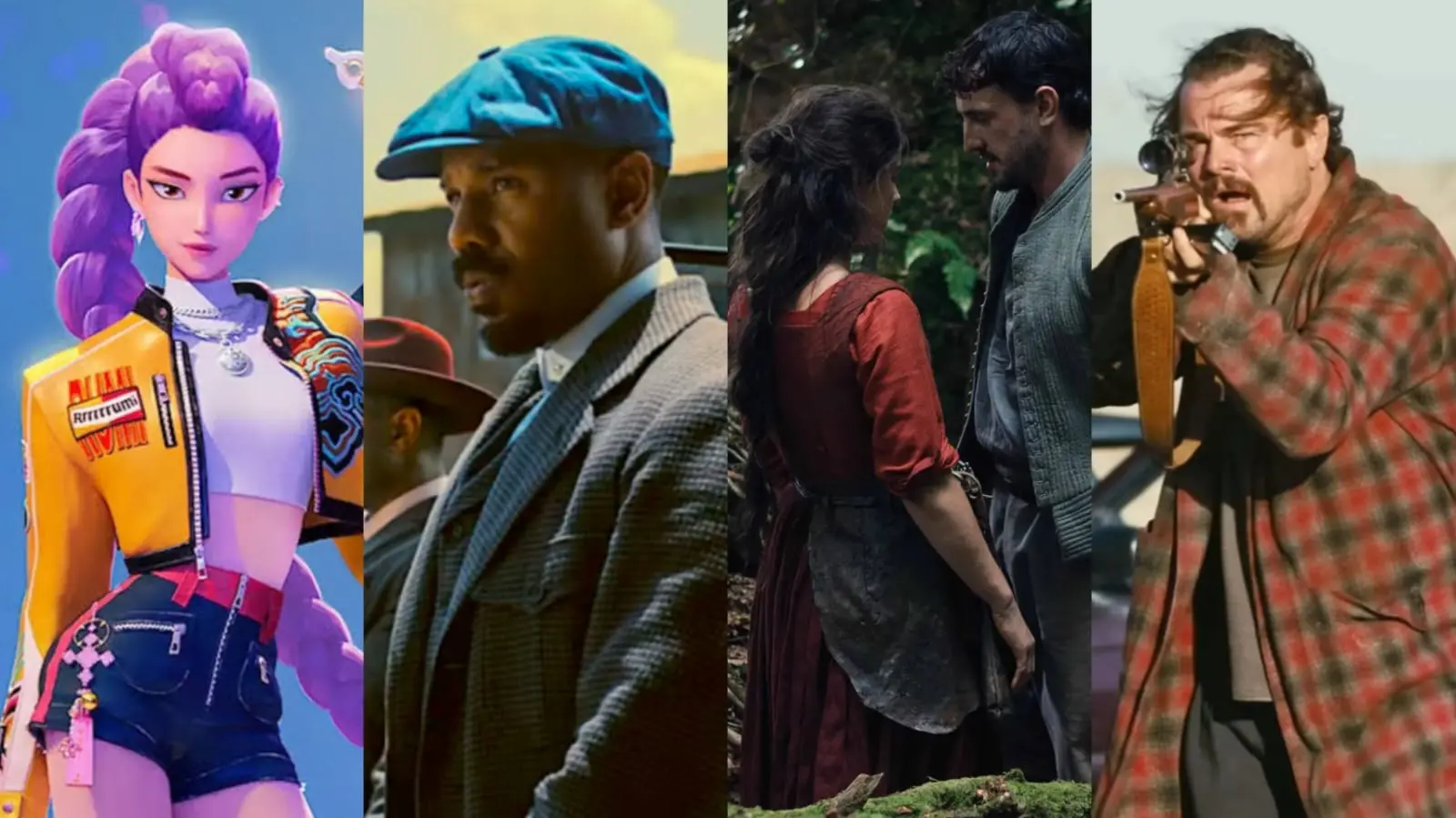 Montagem com quatro imagens de filmes vencedores do Oscar: à esquerda, uma personagem feminina animada com cabelo roxo e roupas coloridas; ao lado, um homem usando boné azul e terno olhando para frente; na terceira imagem, um homem e uma mulher conversam próximos em uma floresta; à direita, um homem com barba e camisa xadrez mira com um rifle.