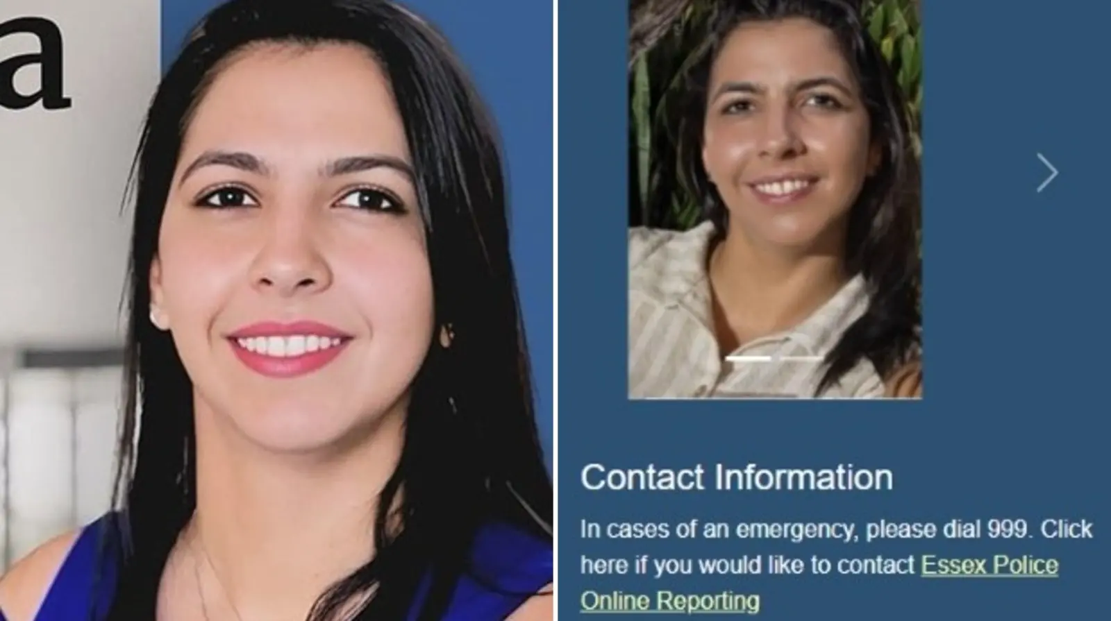 Montagem de fotos mostra Vitória Figueiredo Barreto à esquerda e, à direita, print do site que recebe informações sobre o paradeiro da cearense.