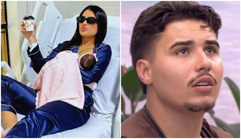 À esquerda, uma pessoa está sentada em uma cama hospitalar vestindo um conjunto de roupa acetinada escura, segurando um copo descartável na mão e amamentando um bebê que está coberto por um pano rosa claro com bordados. O ambiente apresenta paredes claras e iluminação interna. À direita, aparece a parte superior do corpo de outra pessoa em um ambiente externo ou bem iluminado, com plantas desfocadas ao fundo.