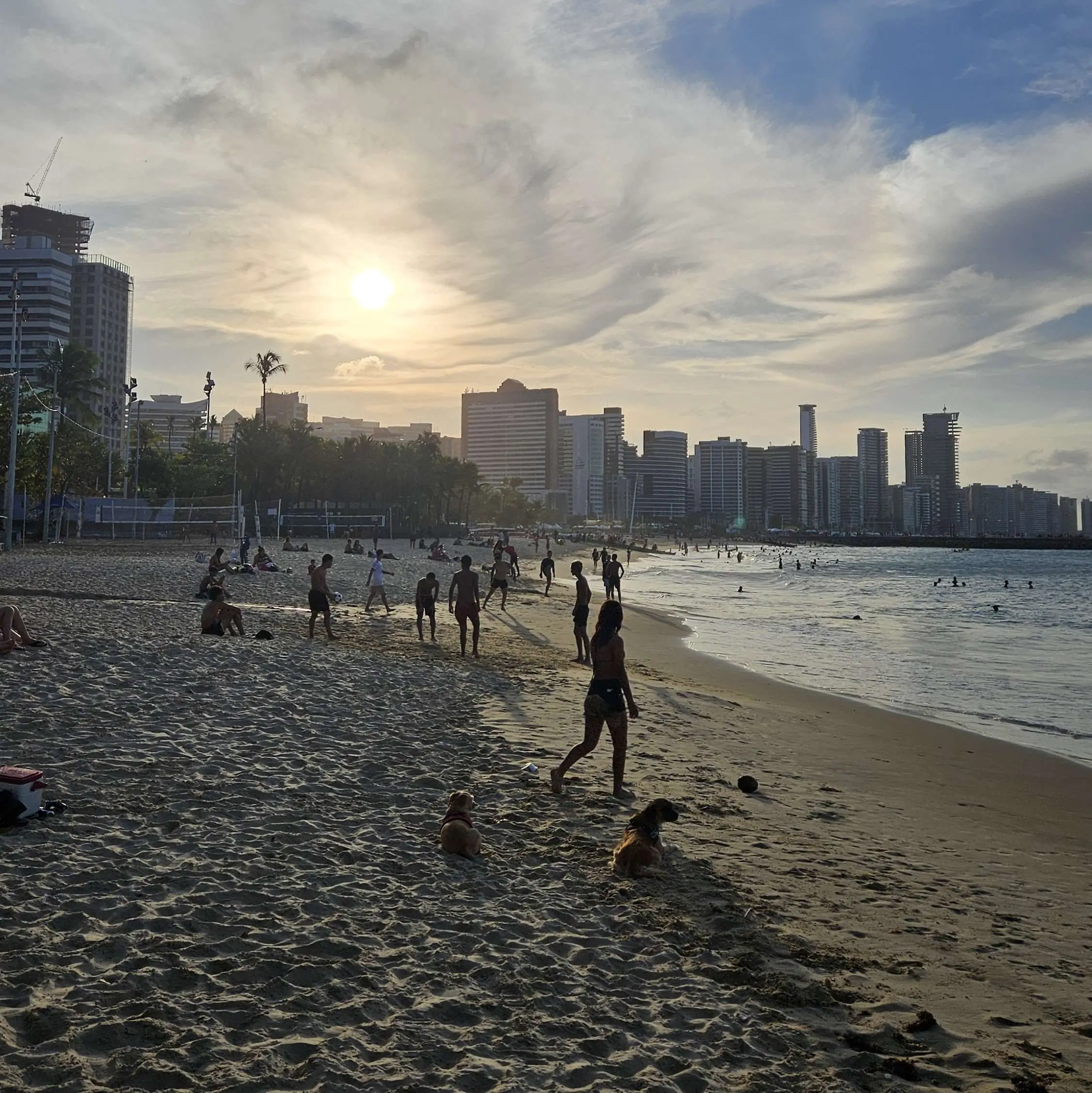 Praia ao pôr do sol com silhuetas de pessoas aproveitando a orla. Horizonte da cidade e palmeiras ao fundo sob um céu nublado, criando uma atmosfera serena.