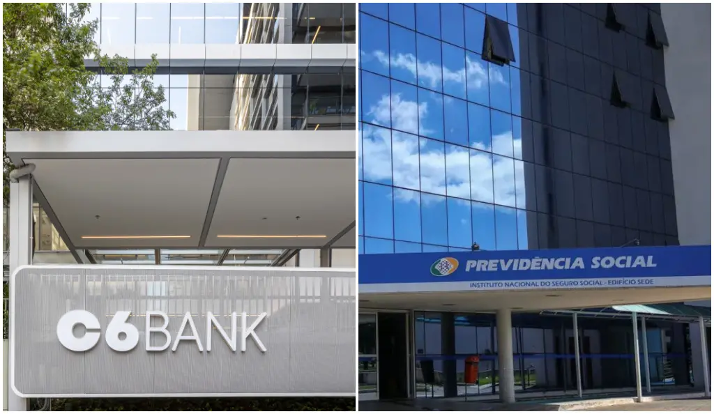 Montagem com dois prédios: à esquerda, fachada do C6 Bank com letreiro branco; à direita, fachada envidraçada de uma unidade da Previdência Social com o nome do órgão na entrada.
