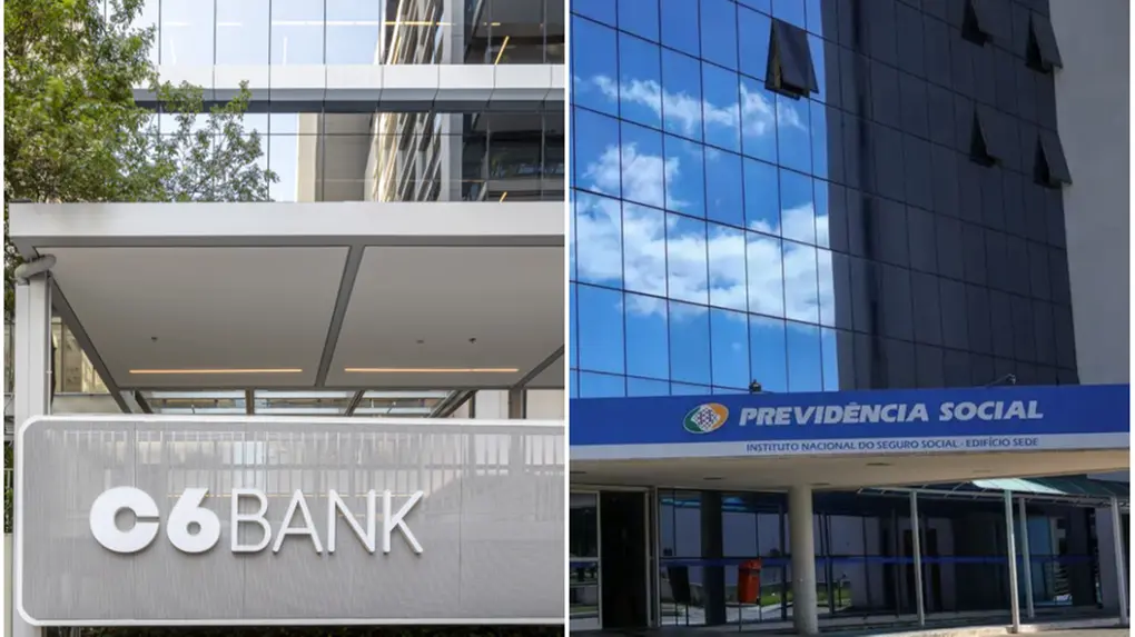 Montagem com dois prédios: à esquerda, fachada do C6 Bank com letreiro branco; à direita, fachada envidraçada de uma unidade da Previdência Social com o nome do órgão na entrada.