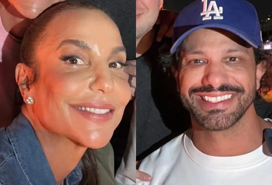 Foto com montagem de Ivete Sangalo e Tiago, suposto affair da cantora. Na primeira imagem, ela aparece sorrindo e vestindo uma jaqueta jeans. Na segunda foto, ele aparece com um boné azul e uma blusa branca.