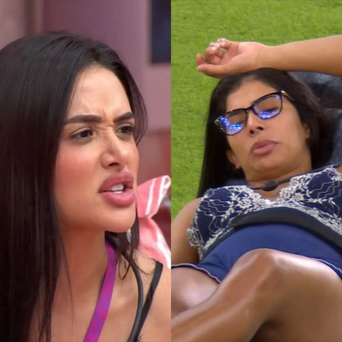 Montagem de fotos de Jordana e Marciele, ambas do BBB 26. Na primeira, Jordana veste uma blusa de alças rosa. Na segunda, Marciele está de óculos e vestido azul rendado na parte superior.
