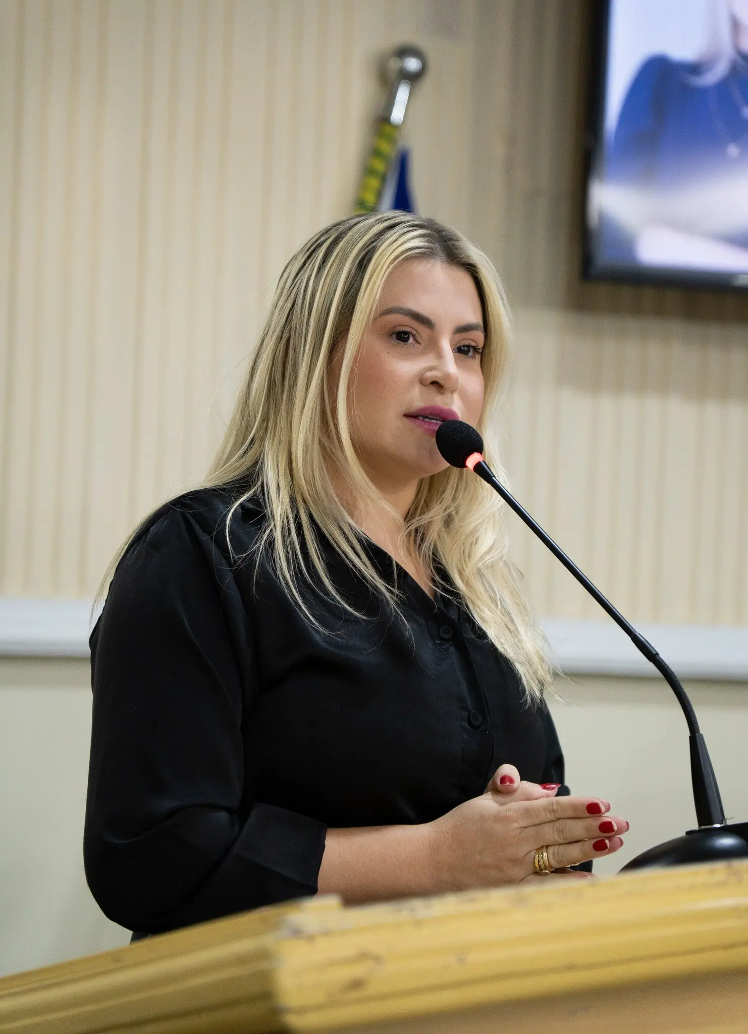 Mulher de cabelo loiro, liso e na altura dos ombros, vestindo blusa preta, fala ao microfone em um púlpito de madeira. Ela está em um ambiente interno que parece uma sala institucional ou plenário, com parede clara ao fundo e uma bandeira parcialmente visível atrás. A mulher mantém expressão séria e concentrada, com as mãos juntas à frente, enquanto se dirige ao público.