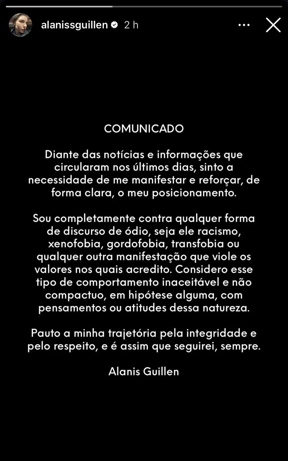 Pronunciamento de Alanis Guillen no Instagram.