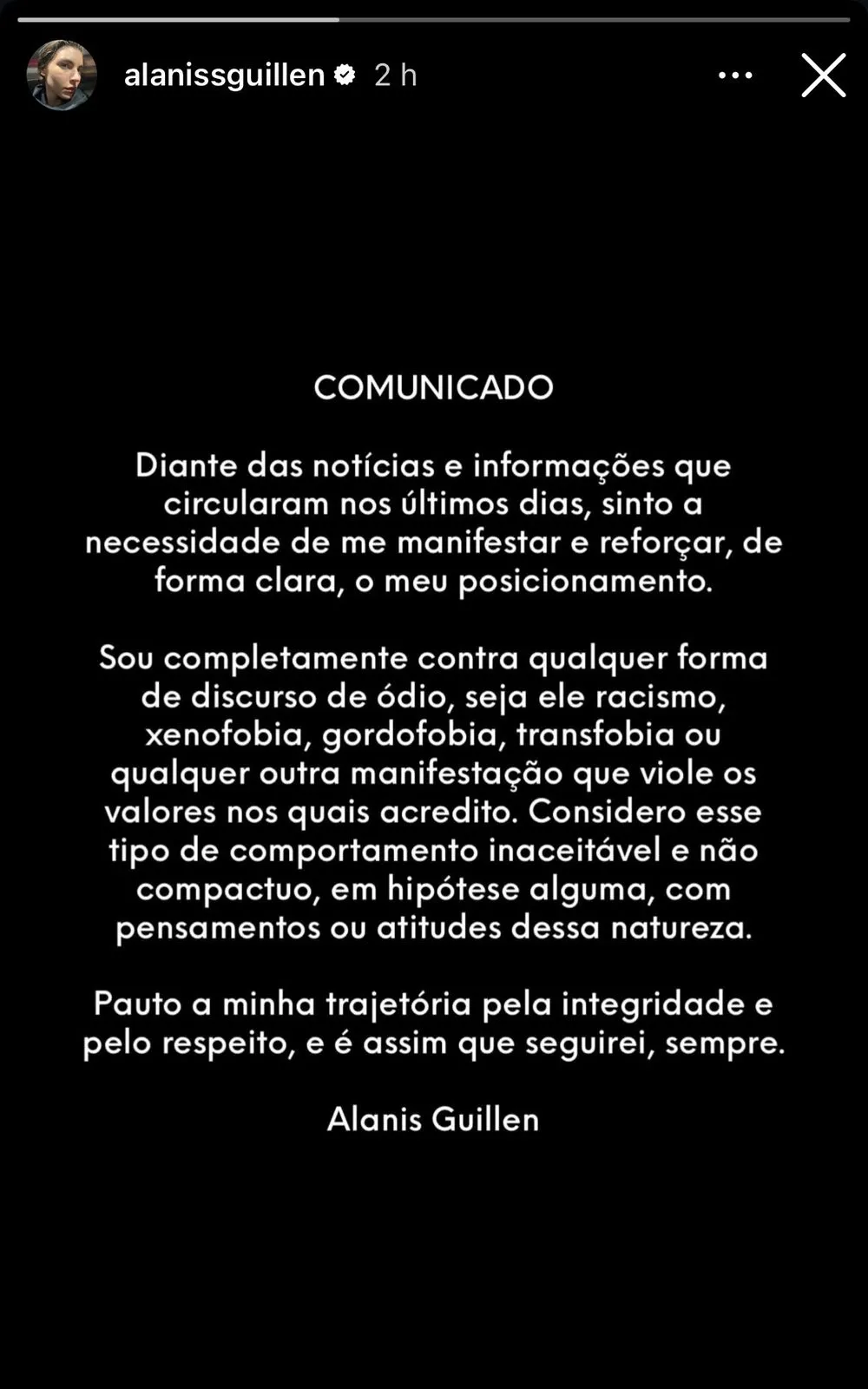 A atriz se pronunciou no Instagram.