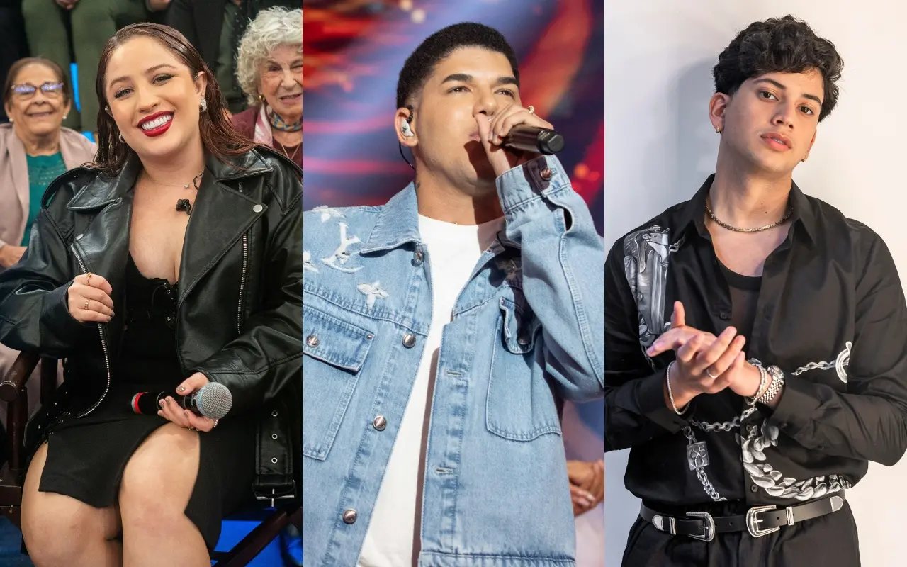 Imagem dos cantores Zé Vaqueiro, Mari Fernandez e Léo Foguete, para matéria sobre festa do BBB 26.