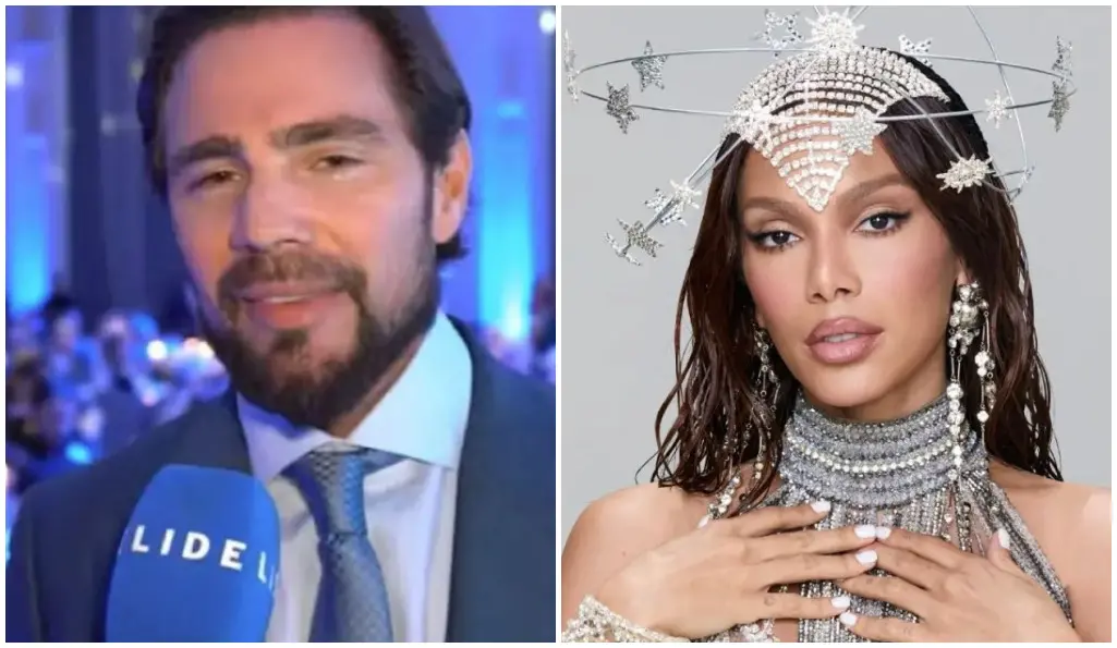 Montagem com duas fotos lado a lado. À esquerda, uma pessoa vestindo terno escuro, camisa clara e gravata estampada, segurando um microfone azul com a marca ‘LIDE’ impressa; o fundo é um ambiente iluminado em tons de azul, com outras pessoas desfocadas ao fundo. À direita, uma pessoa usando um elaborado traje prateado composto por muitas contas e detalhes brilhantes, incluindo um acessório de cabeça circular com ornamentos que lembram estrelas; as mãos dessa pessoa estão apoiadas sobre o peito, mostrando unhas claras e joias combinando.