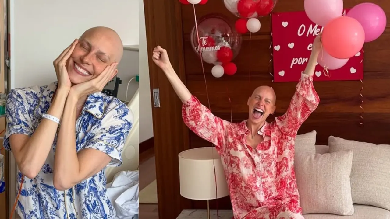 Montagem mostra dois momentos de Dani Gondim sorrindo: à esquerda, ela apoia o rosto nas mãos em um leito hospitalar e, à direita, celebra com os braços erguidos entre balões em sua casa. As imagens em tons de azul e rosa destacam a transição de um momento de cuidado para uma celebração vibrante de vida e alegria.