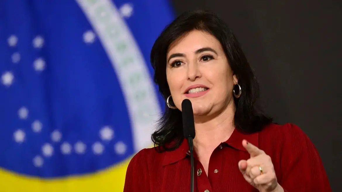 Simone Tebet fala ao microfone durante discurso, com a bandeira do Brasil ao fundo.