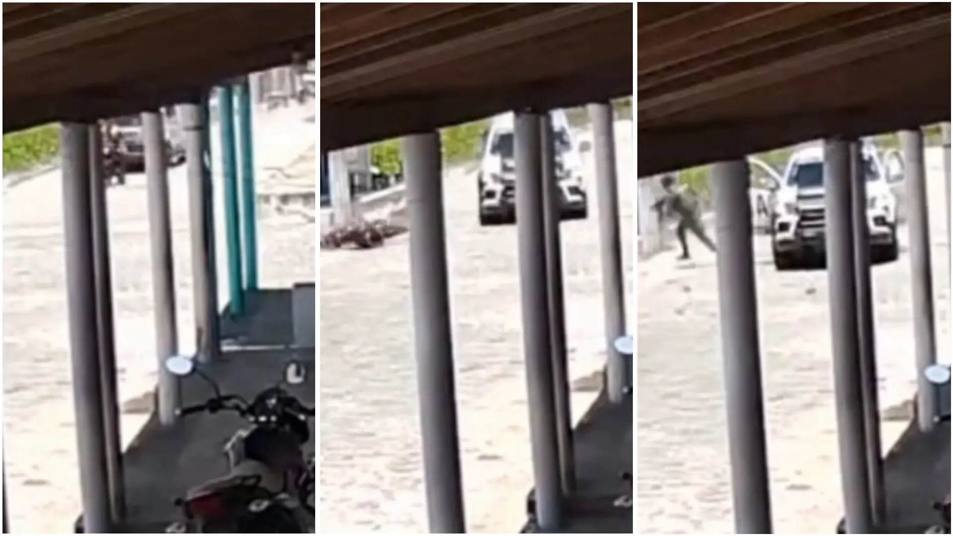 Três frames mostram a viatura policial em perseguição, o motociclista caindo e, em seguida, fugindo.