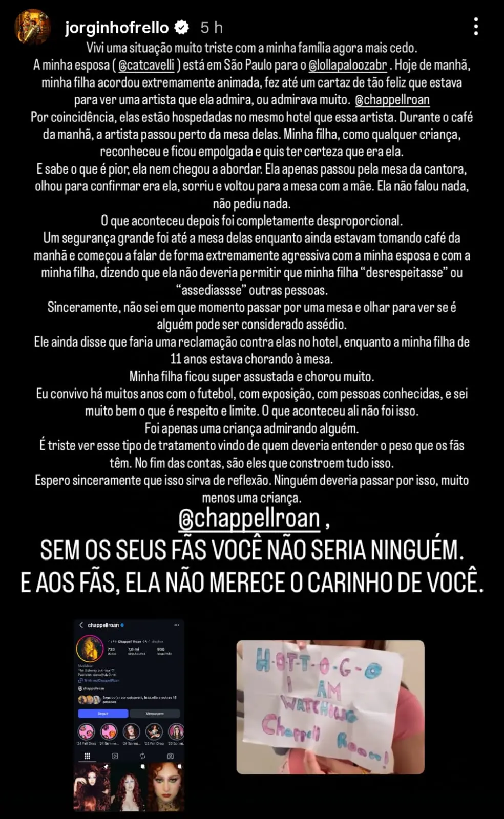 Imagem de post do jogador do Flamengo, Jorginho Frello, relata episódio com enteada.