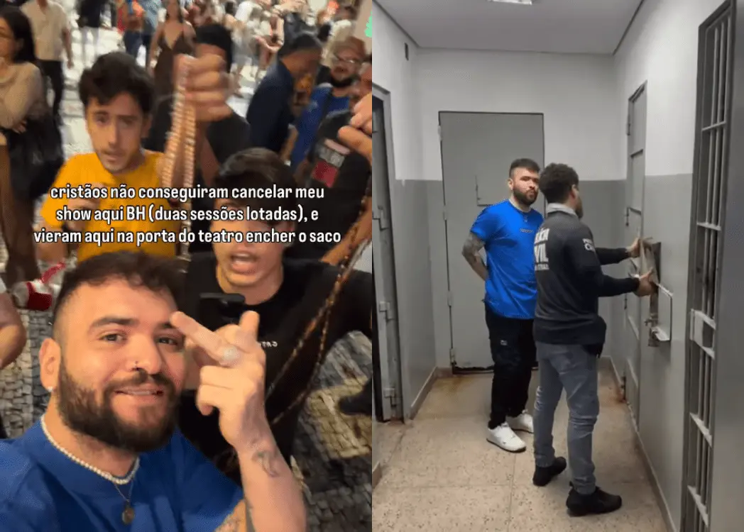 Imagem dividida em duas partes. À esquerda, um grupo de homens em uma rua movimentada à noite; um deles segura um terço e outro faz um gesto obsceno com a mão enquanto olham para a câmera. Há um texto sobreposto dizendo que cristãos não conseguiram cancelar o show e foram até a porta do teatro. À direita, um corredor de delegacia com paredes claras e portas cinza; dois homens estão de pé diante de uma porta com grade, enquanto um terceiro homem observa ao fundo.