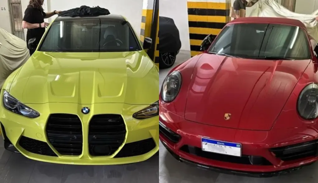 Montagem com duas fotos de carros apreendidos em operação. À direita, um Porsche 911 vermelho; à esquerda, uma BMW M3 Competition amarela.