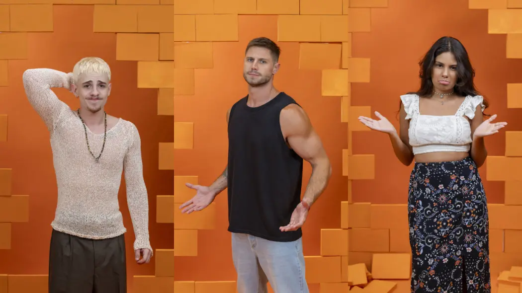 Montagem com três fotos uma ao lado da outra, de participantes do BBB 26 que estão no Paredão da semana.