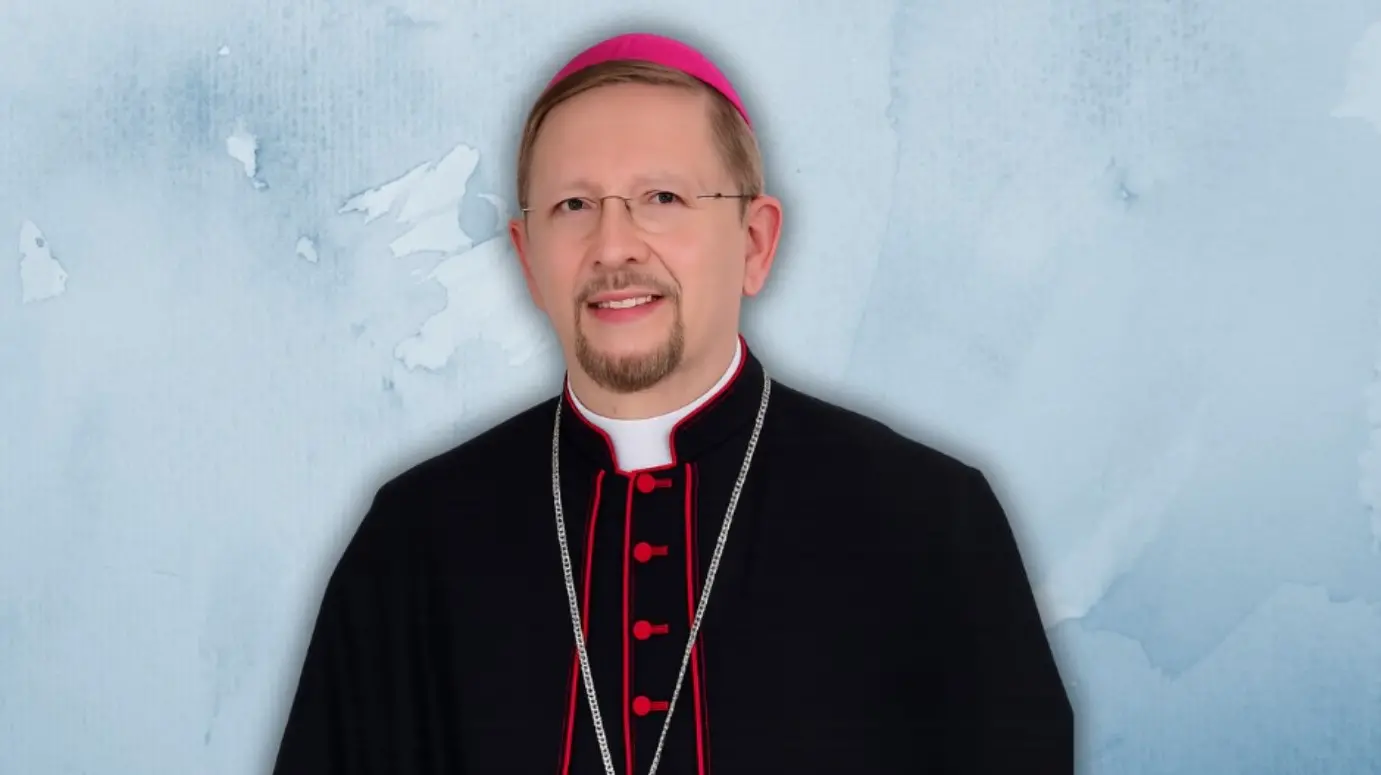 Fotografia oficial de Dom Luís Pepeu de frente, sorrindo, contra um fundo artístico em tons de azul e branco. Ele veste uma batina preta com filetes e botões vermelhos, o solidéu rosa sobre a cabeça e uma cruz peitoral pendurada por uma corrente prateada.
