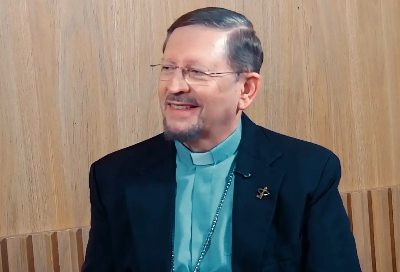 Retrato de Dom Luís Pepeu sentado, sorrindo levemente enquanto olha para o lado. Ele usa óculos, possui uma barba rala no queixo e veste um terno preto sobre uma camisa clerical azul clara com colarinho branco. O fundo é composto por painéis de madeira clara em linhas verticais.