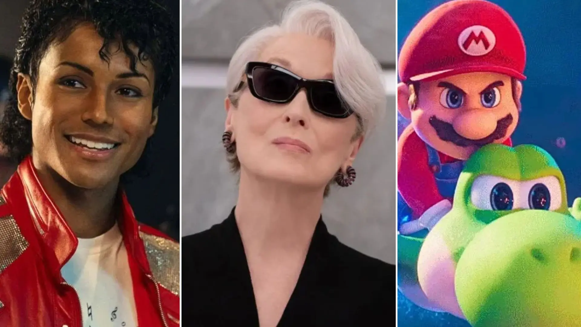 Imagem com três pessoas conhecidas: um jovem que parece um artista famoso, uma mulher idosa com cabelo branco e óculos escuros, e personagens do Mario e Yoshi do universo dos videogames.